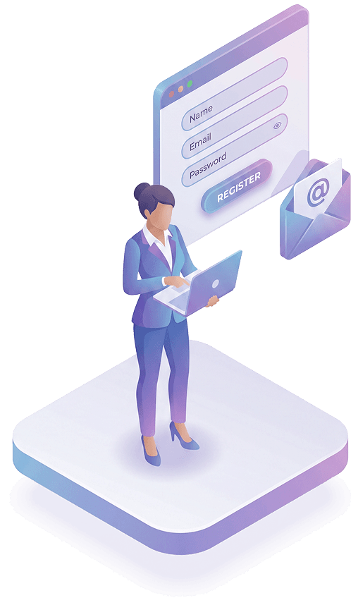 Professional woman holding a laptop with register form and email icons